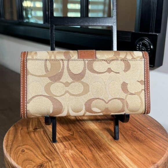 Coach Signature C Tri-Fold Wallet — Tan & Brown Canvas with Leather Trim - Picture 3 of 8
